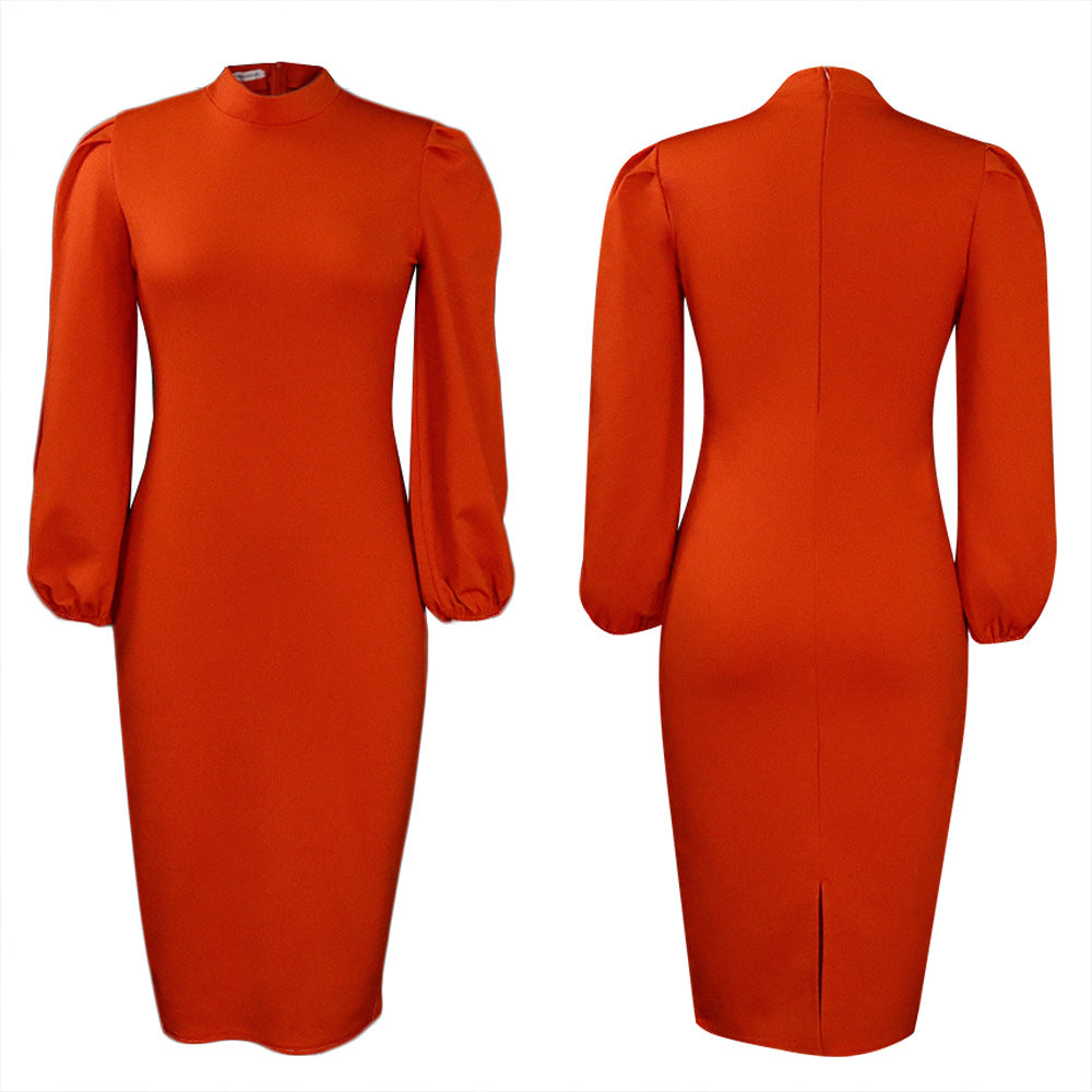 Damen Elegantes Bodycon-Kleid mit Puffärmeln und hohem Kragen Stalluxe Orange