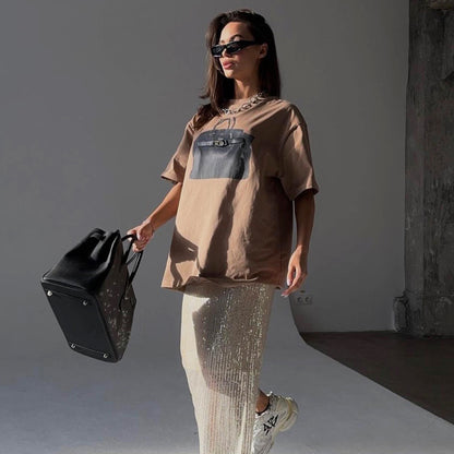 Damen Oversized T-Shirt mit trendigem Handtaschen-Print Stalluxe