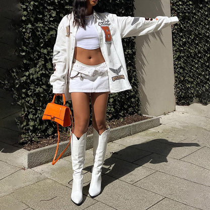 Damen Oversized Hemdjacke mit trendigen Applikationen Stalluxe