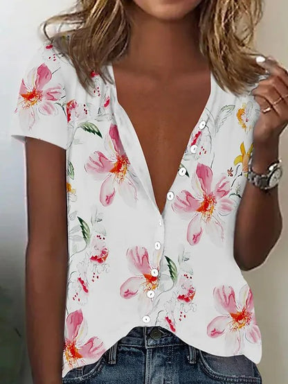 Damen Bluse mit floralem Muster und tiefem V-Ausschnitt Stalluxe