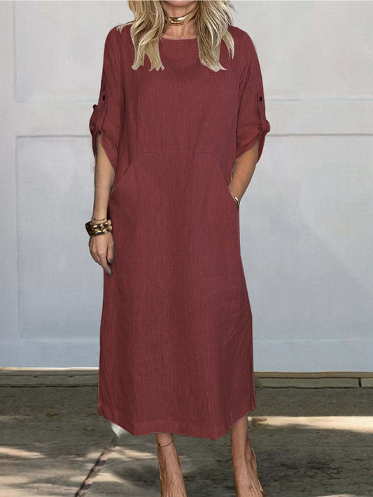 Damen luftiges Midi-Kleid mit praktischen Taschen und umschlagbaren Ärmeln Stalluxe