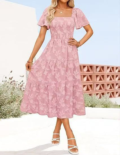 Damen Midi-Kleid mit strukturiertem Oberteil und voluminösen Ärmeln Stalluxe