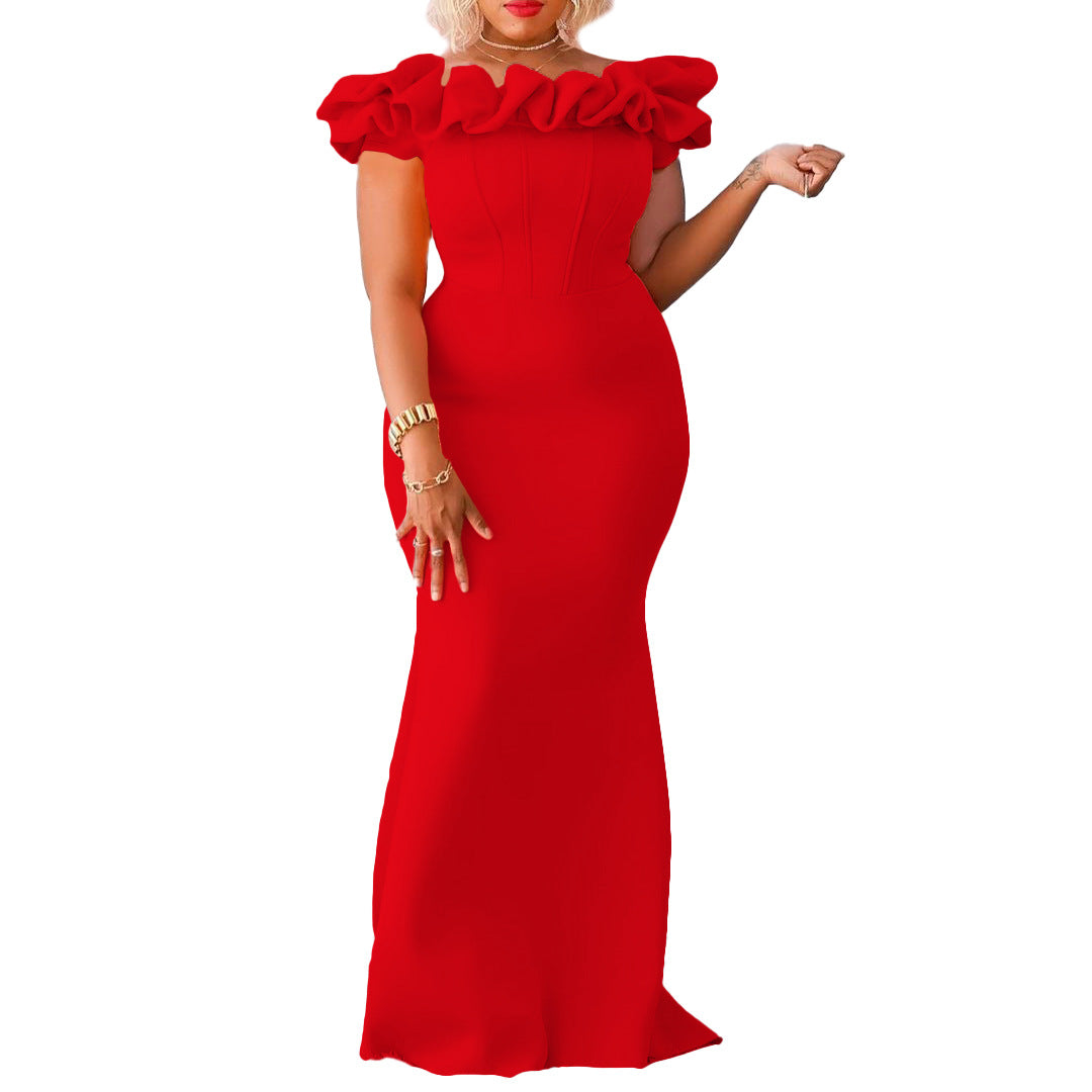 Damen Figurbetontes Abendkleid mit voluminösem Rüschenkragen Stalluxe