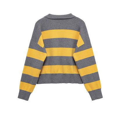 Damen lässiger Strickpullover mit stylisierten Streifen und Polokragen Stalluxe