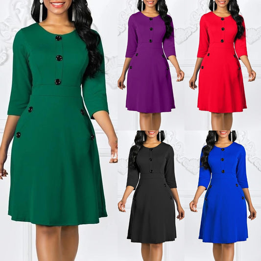 Women's Classic Three-Quarter Sleeve Button-Detail Dress Stalluxe