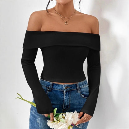Damen Off-Shoulder Crop-Top mit langen Ärmeln und feiner Rippstruktur Stalluxe