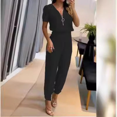 Damen Jumpsuit mit V-Ausschnitt und Gummizug Stalluxe