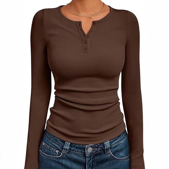 Damen Longsleeve Shirt mit Knopfleiste & Figurbetontem Schnitt Braun