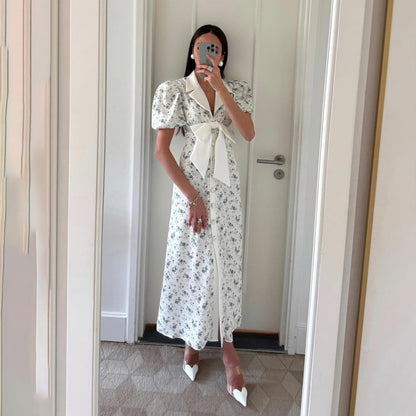 Damen Maxi-Kleid mit Puffärmeln und Schärpenbund Stalluxe