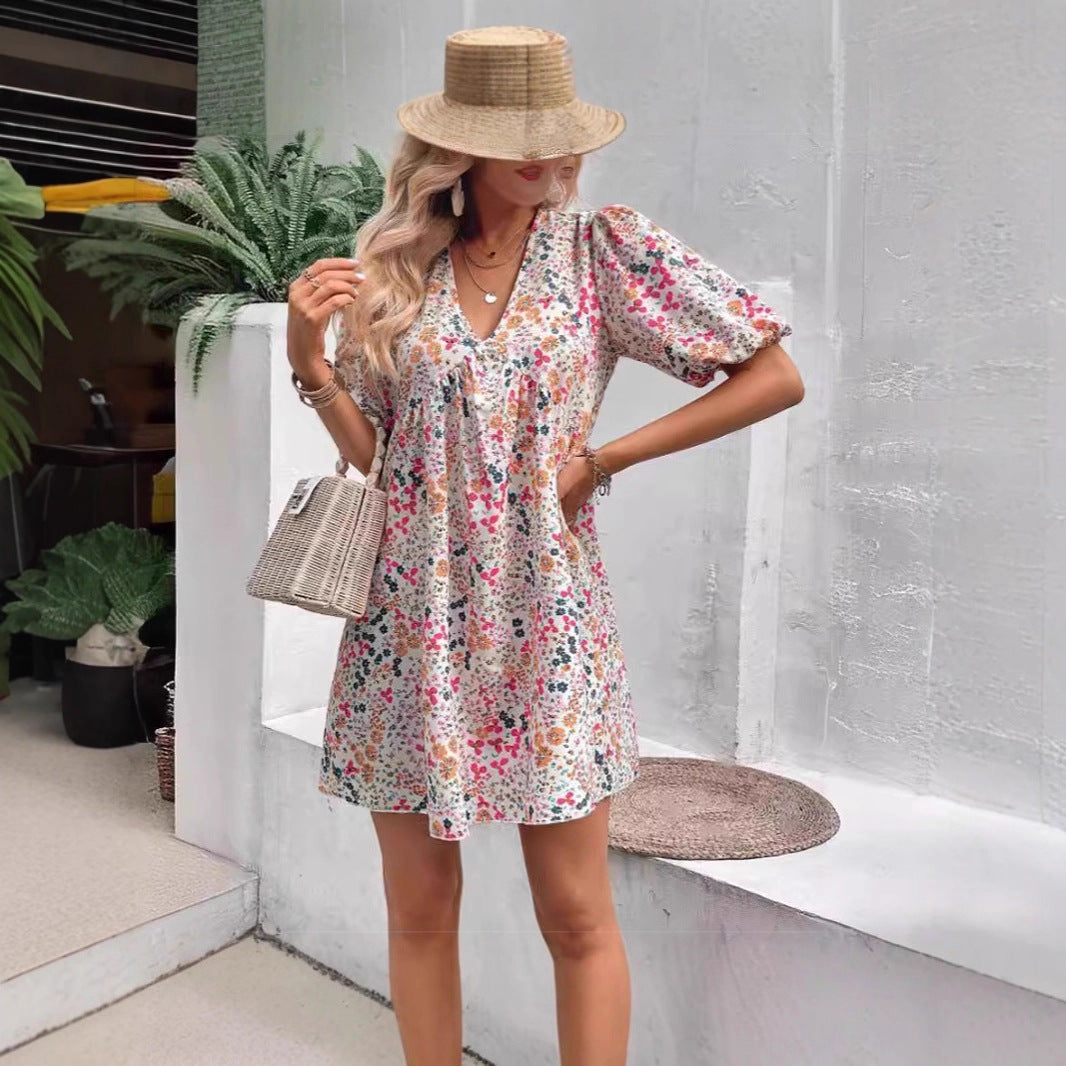 Damen Verspieltes Blümchenkleid mit Puffärmeln und V-Ausschnitt Stalluxe