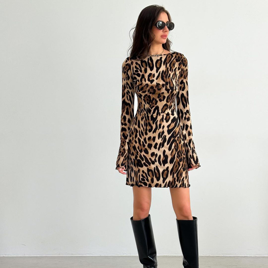 Damen Sexy Minikleid im Leopardenmuster mit langen Ärmeln und elastischem Obermaterial Stalluxe