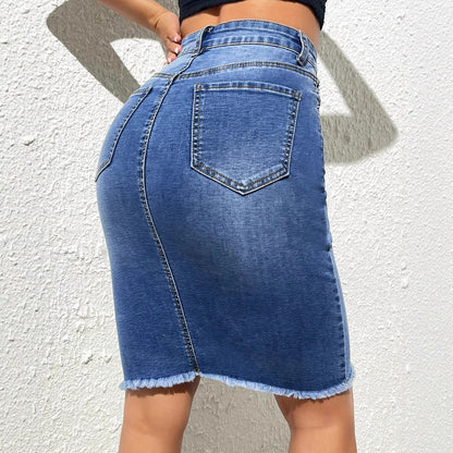 Damen Jeansrock im figurbetonten Schnitt mit fransigem Saum Stalluxe