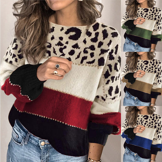 Damen Stylischer Strickpullover mit Leopardenmuster und modischem Farbblockdesign Stalluxe