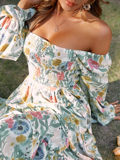 Damen Off-Shoulder Maxikleid mit floralem Print und Rüschendetails Stalluxe