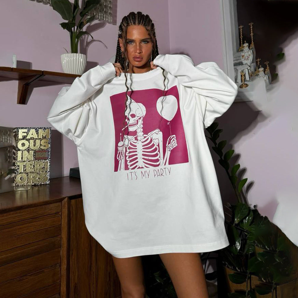 Damen Oversized Sweatshirt mit grafischem Skelettmotiv Stalluxe Weiß