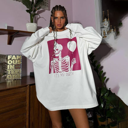 Damen Oversized Sweatshirt mit grafischem Skelettmotiv Stalluxe Weiß
