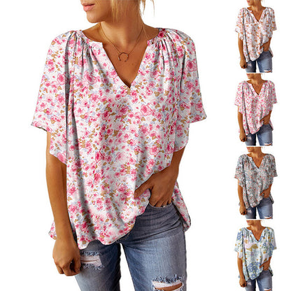 Damen weiches V-Ausschnitt Blusenoberteil mit floralem Design und elastischem Bund Stalluxe