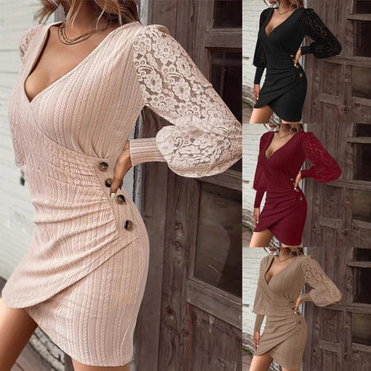Damen Mini-Wickelkleid mit Spitzenärmeln und dekorativen Knöpfen Stalluxe