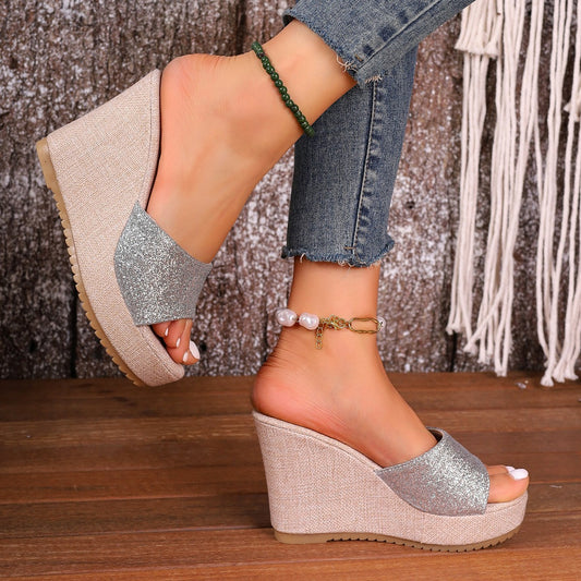 Damen Wedge-Pantoletten mit Glitzer und rutschfester Sohle Stalluxe
