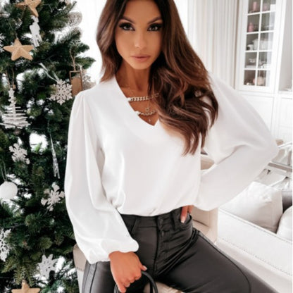 Damen Bluse mit voluminösen Ärmeln und V-Ausschnitt Stalluxe