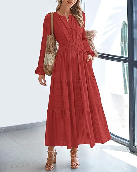 Damen Maxikleid mit eleganten Ärmeln und raffiniertem Taillengummi Stalluxe