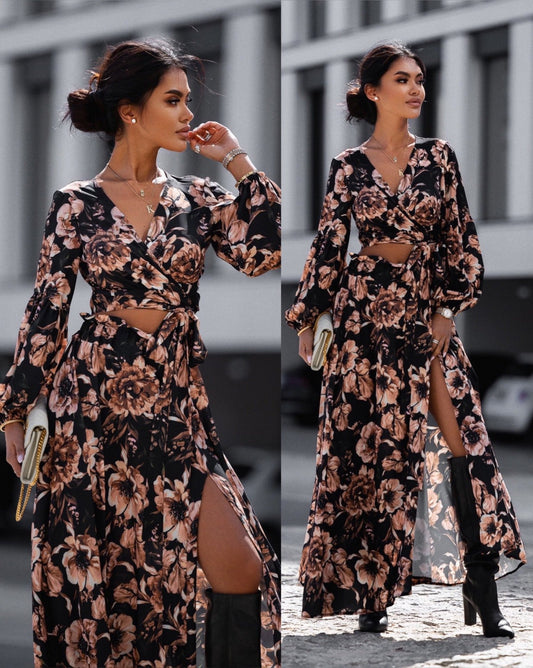 Damen Maxikleid mit Wickeldesign und voluminösen Ärmeln Stalluxe