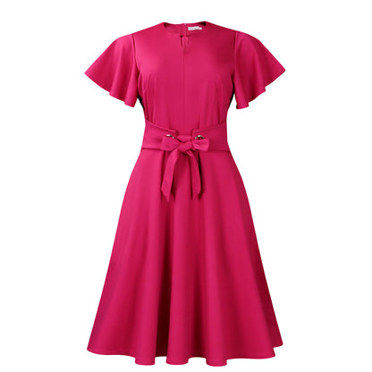 Damen Midi-Kleid mit eleganten Volantärmel und schickem Taillengürtel Stalluxe