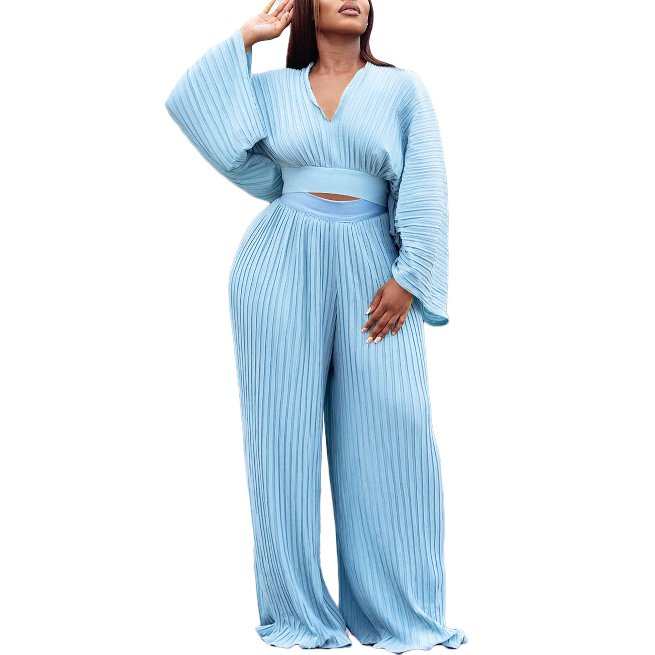 Damen Plissierter Jumpsuit mit voluminösen Ärmeln und taillierter Passform Stalluxe