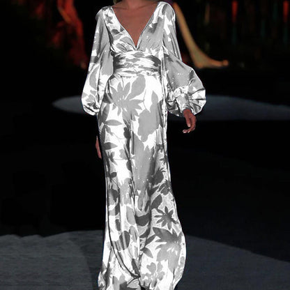 Damen Maxi-Kleid mit tiefem V-Ausschnitt und voluminösen Ärmeln Stalluxe