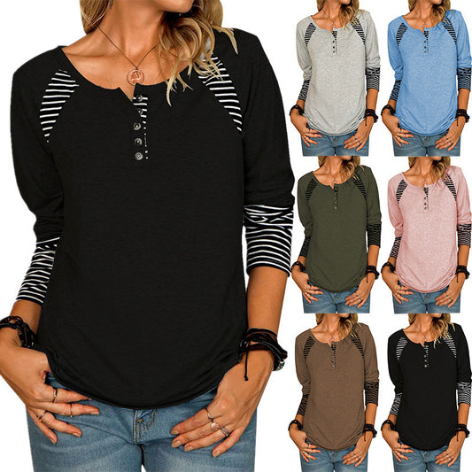 Damen lässiges Langarmshirt mit gestreiften Farbblockdetails und Knopfverschluss Stalluxe