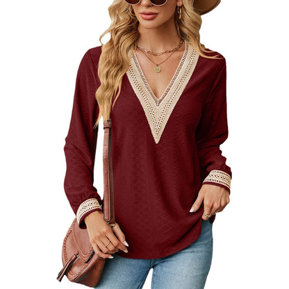 Damen Langarm Blusenshirt mit dekorativem V-Ausschnitt und Häkelelementen Stalluxe