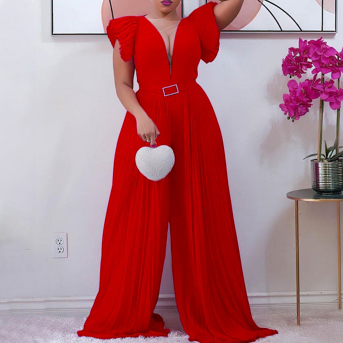 Damen Plissierter Jumpsuit mit tiefem V-Ausschnitt und tailliertem Gürtel Stalluxe Rot
