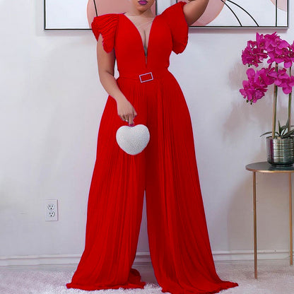 Damen Plissierter Jumpsuit mit tiefem V-Ausschnitt und tailliertem Gürtel Stalluxe Rot