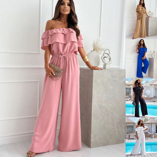Damen Eleganter Off-Shoulder Jumpsuit mit weitem Bein und Rüschendetails Stalluxe
