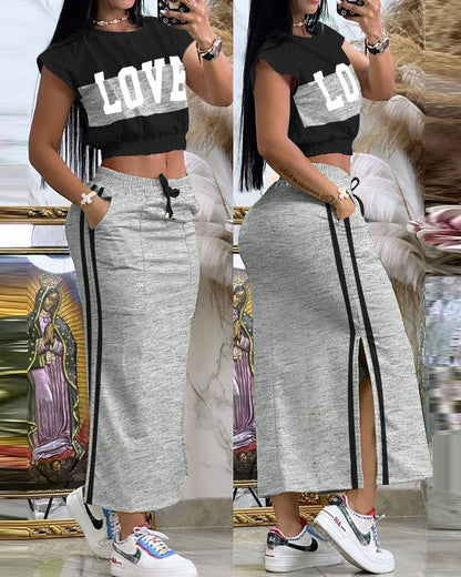Damen Sportliches Zweiteiliges Set mit crop Oberteil und langem Rock mit Schlitz Stalluxe
