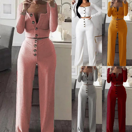 Damen modisches Strick-Set mit Knopfdetail und langem Ärmel Stalluxe