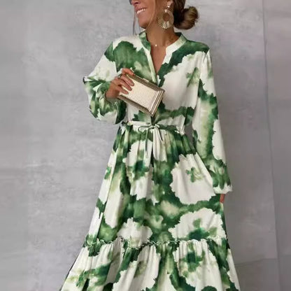 Damen Maxikleid mit modernen Aquarell-Muster und voluminösem Rock Stalluxe