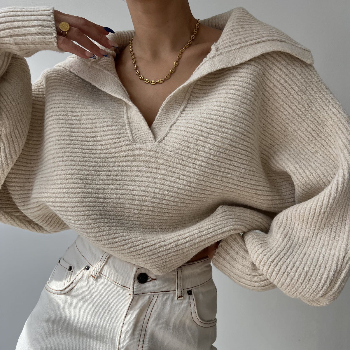 Damen cropped Strickpullover mit weitem Schnitt und angesagtem Kragen Stalluxe