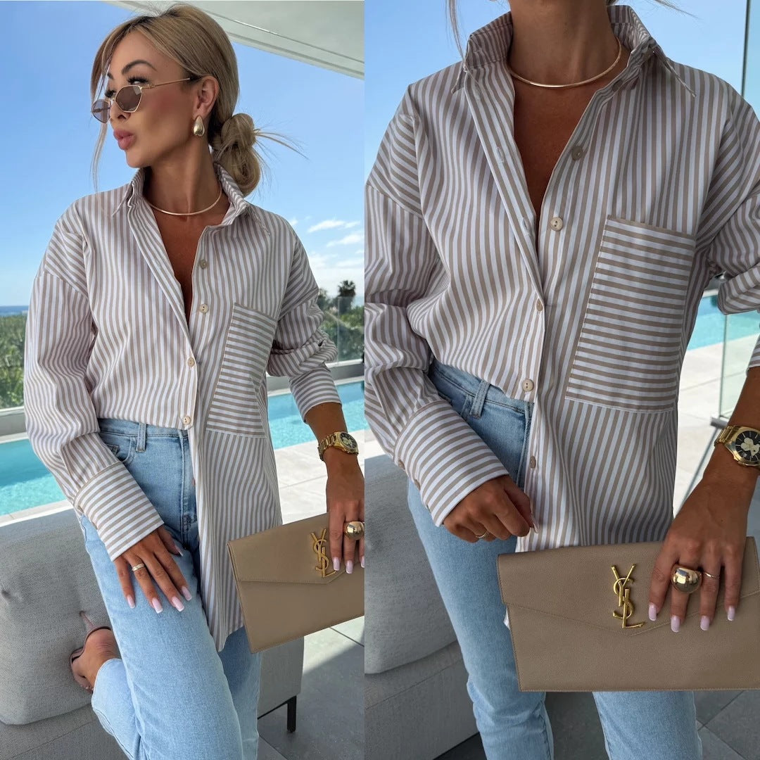 Damen Streifenbluse im lässigen Oversized-Stil mit Brusttasche Stalluxe