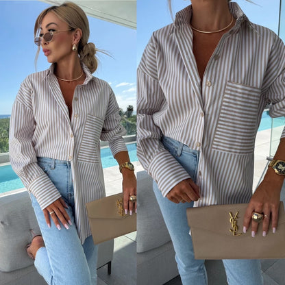 Damen Streifenbluse im lässigen Oversized-Stil mit Brusttasche Stalluxe