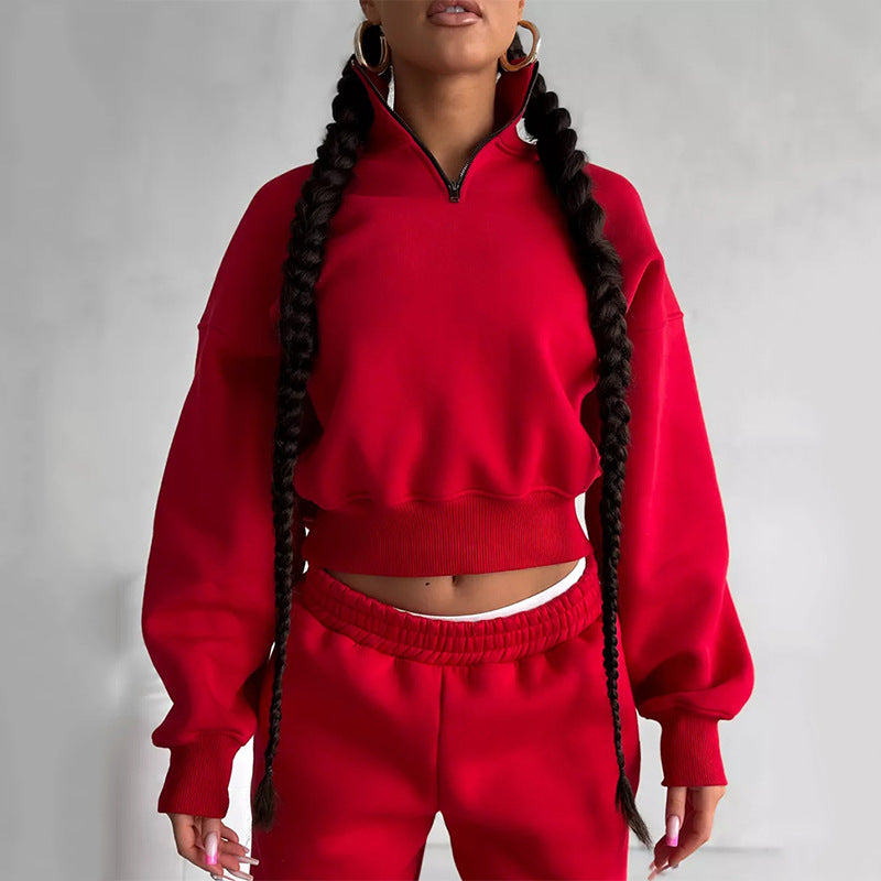 Damen sportliches Crop-Pullover-Set mit hohem Kragen und elastischem Bund Stalluxe