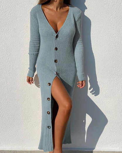 Damen Strickkleid mit Knopfleiste und Schlitzausschnitt Stalluxe