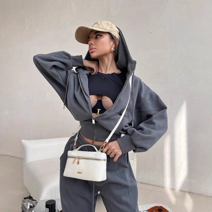 Damen sportliches Cropped-Set mit Reißverschluss und bequemen weiten Hosen Stalluxe