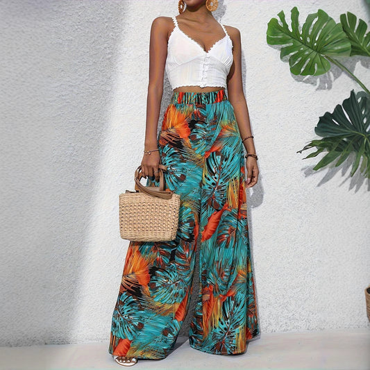 Damen Palazzo-Hose mit lebendigem Palmenmuster und elastischem High-Waist-Bund Stalluxe