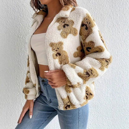 Damen Fleecejacke mit Bärenmuster und Stehkragen Stalluxe