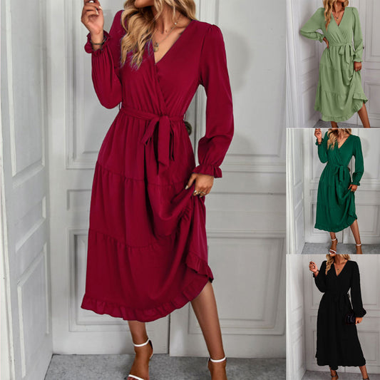 Damen elegantes Wickelkleid mit Rüschendetails und Taillengürtel Stalluxe