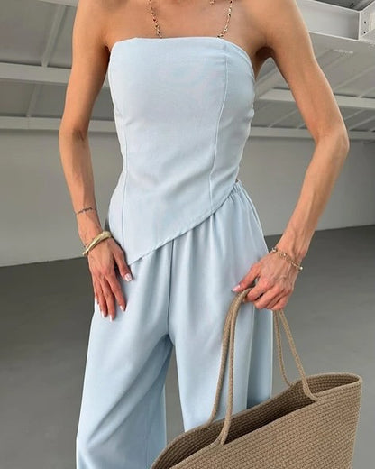 Damen eleganter Jumpsuit mit Schulterfreier Schnittführung und fließendem Material Stalluxe