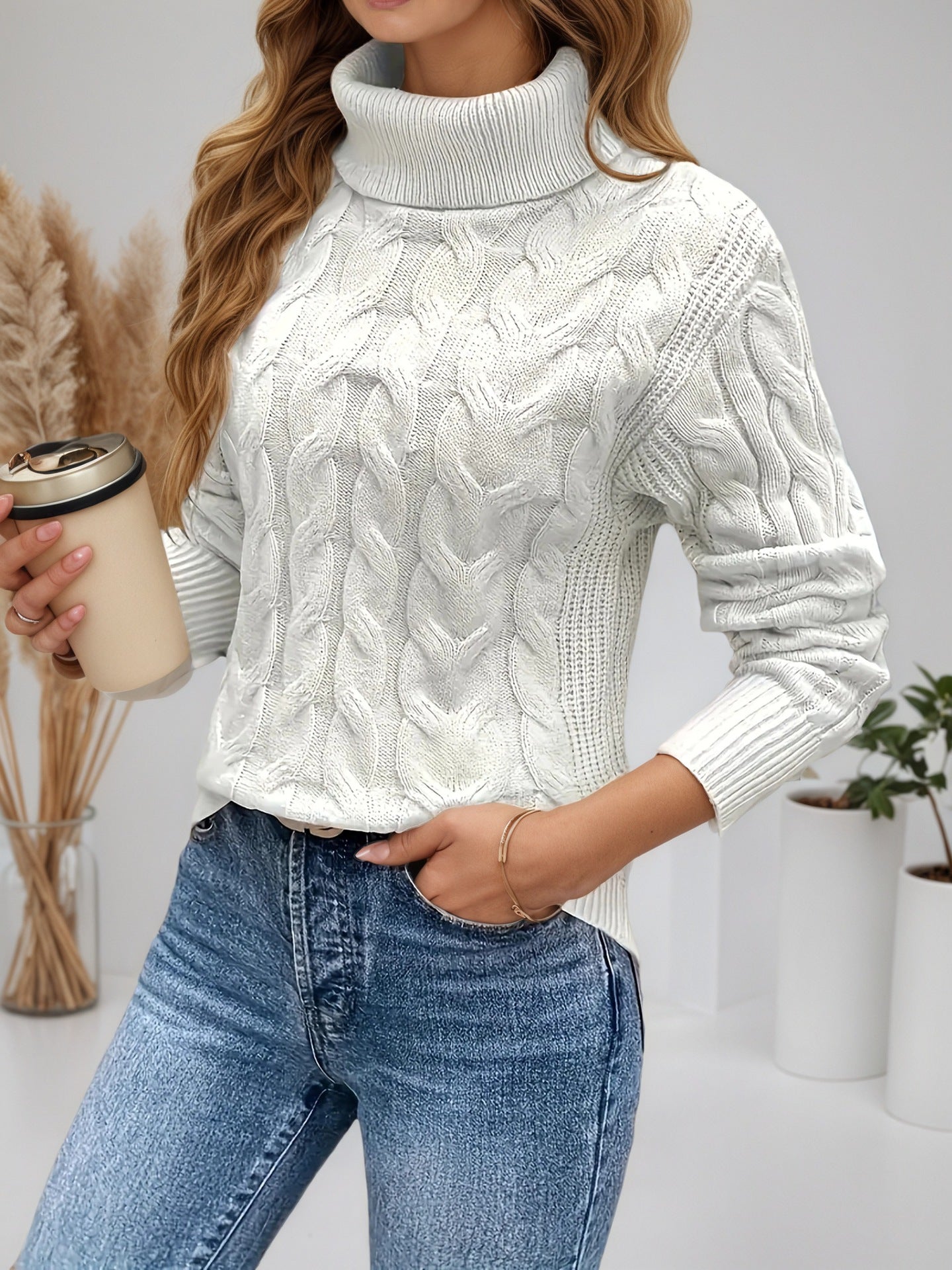 Damen Strickpullover mit hohem Kragen und Kabelmuster Stalluxe