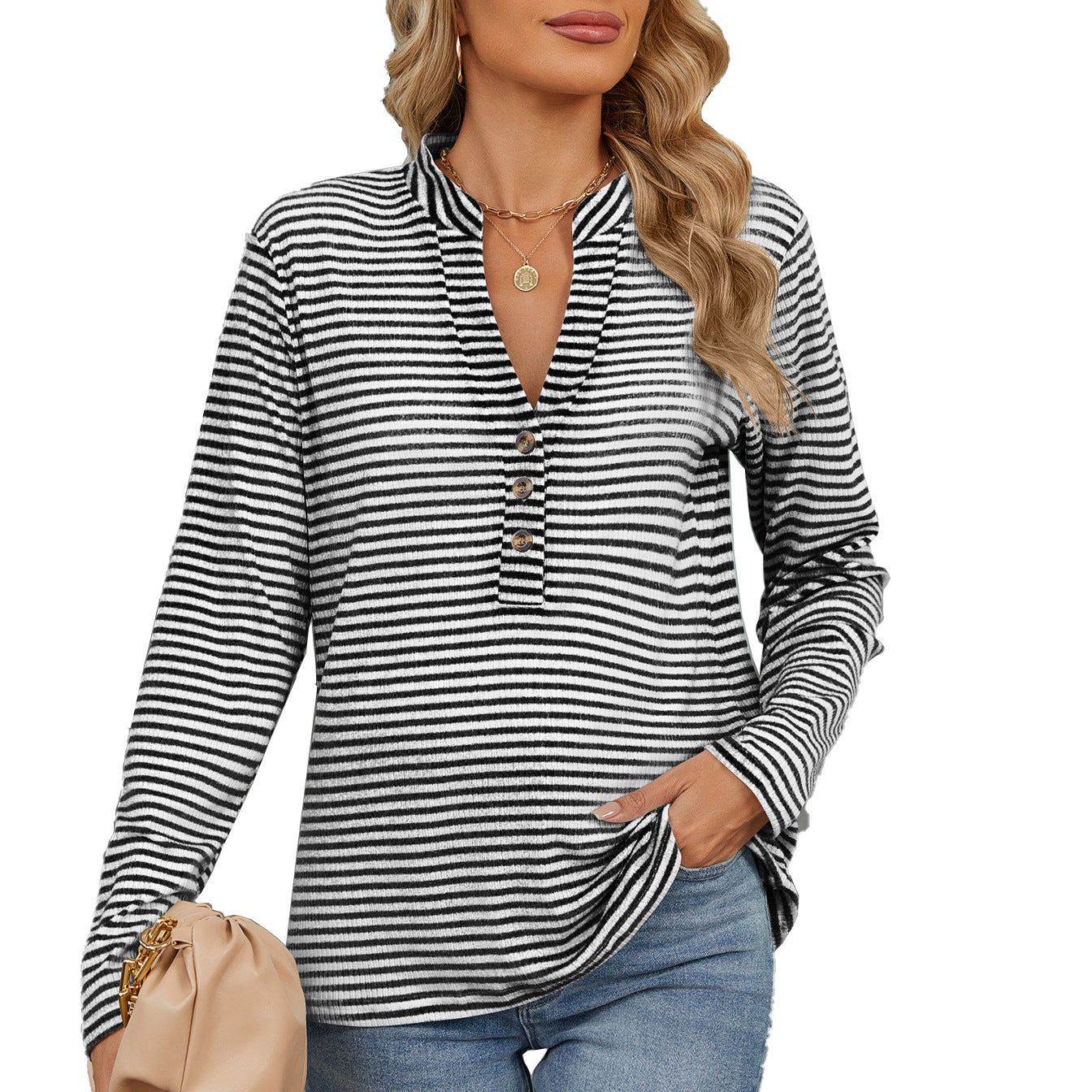 Damen Langarmshirt mit Knopfleiste und strukturierter Oberfläche Stalluxe