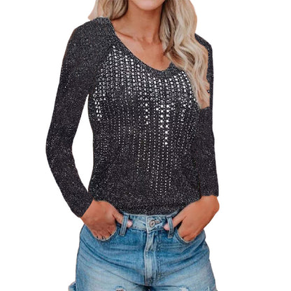 Damen Glitzerndes Langarmshirt mit tiefem V-Ausschnitt und funkelnden Akzenten Stalluxe